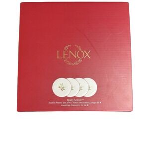 Lenox NIB Set 4 Holly‎ Scroll Christmas Accent Plates Berry Red Trim 7.5" Dish